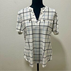 Knapp Studio Chic White and Black Windowpane Short Sleeve Zip Detail Blouse